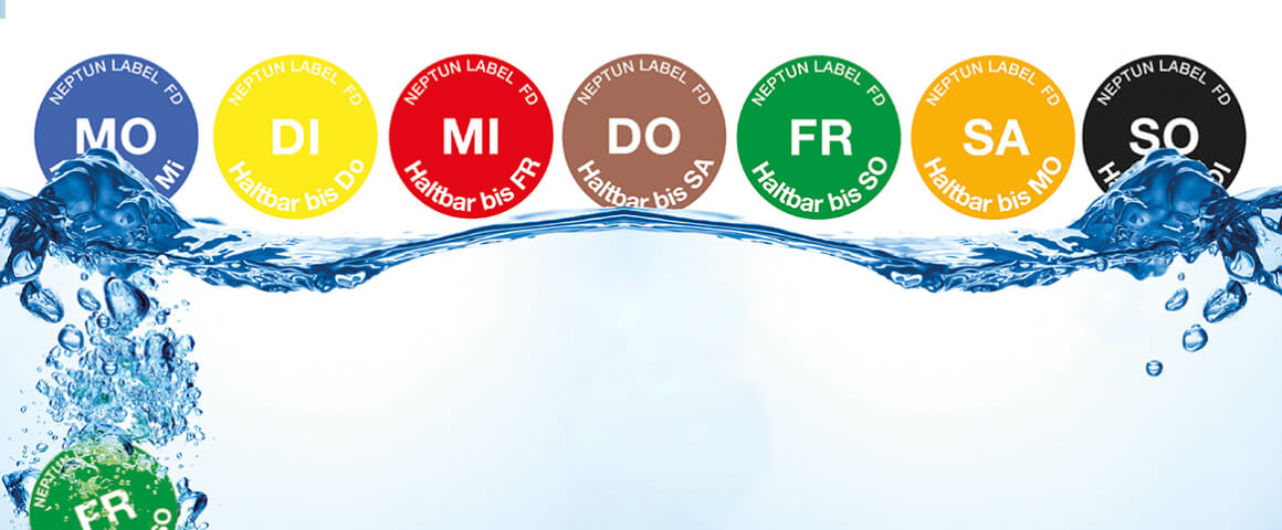 Wasserlösliche Wochentagsetiketten von Montag bis Sonntag in sieben Farben